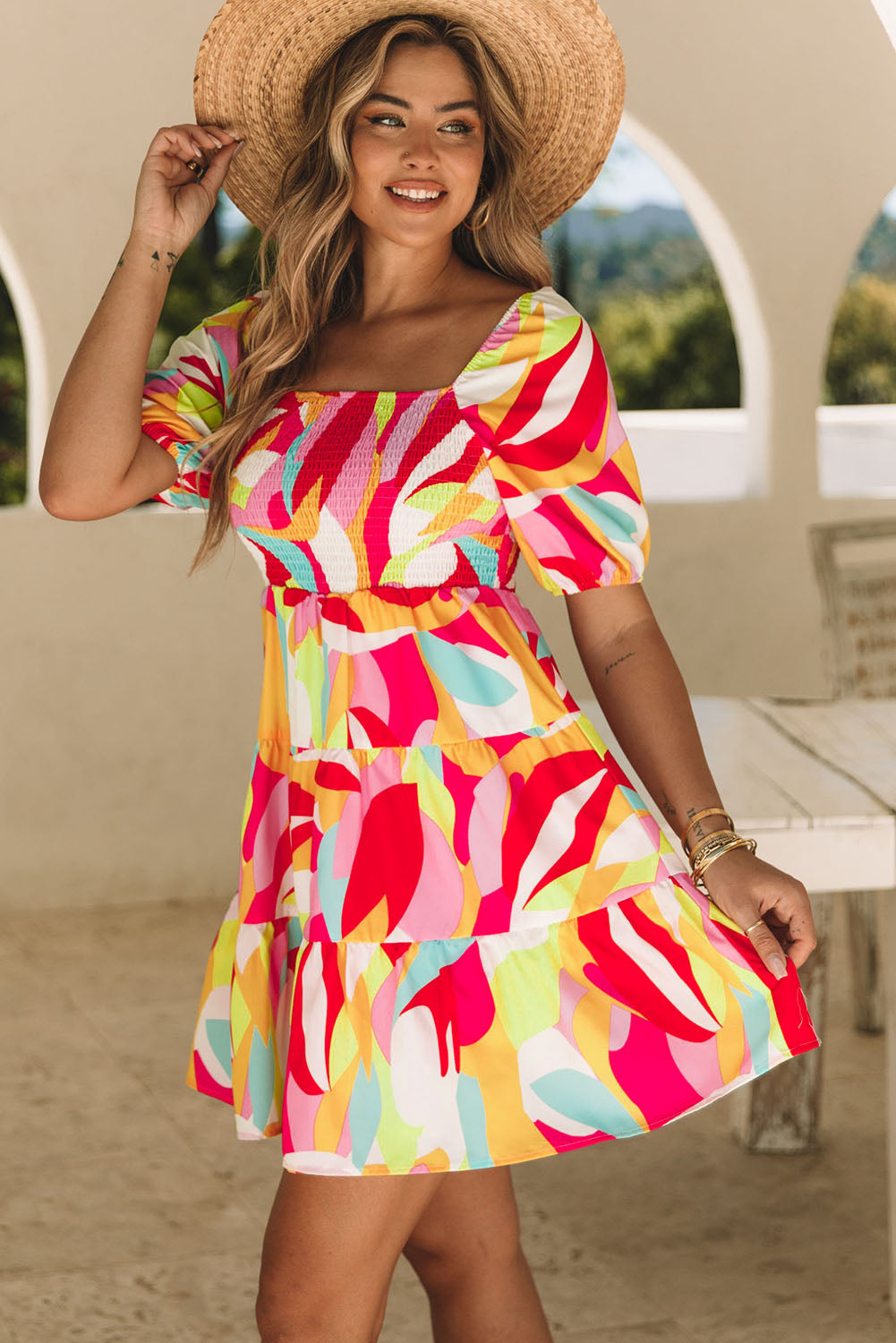 Multicolor Geometric Print Smocked Babydoll Short Dress