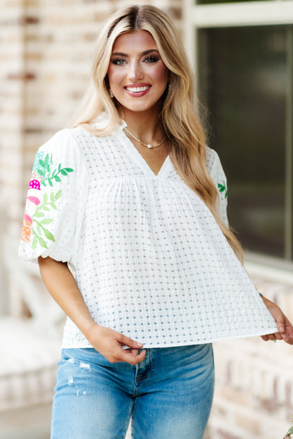 White Floral Embroidered Puff Sleeve Notched Neck Blouse