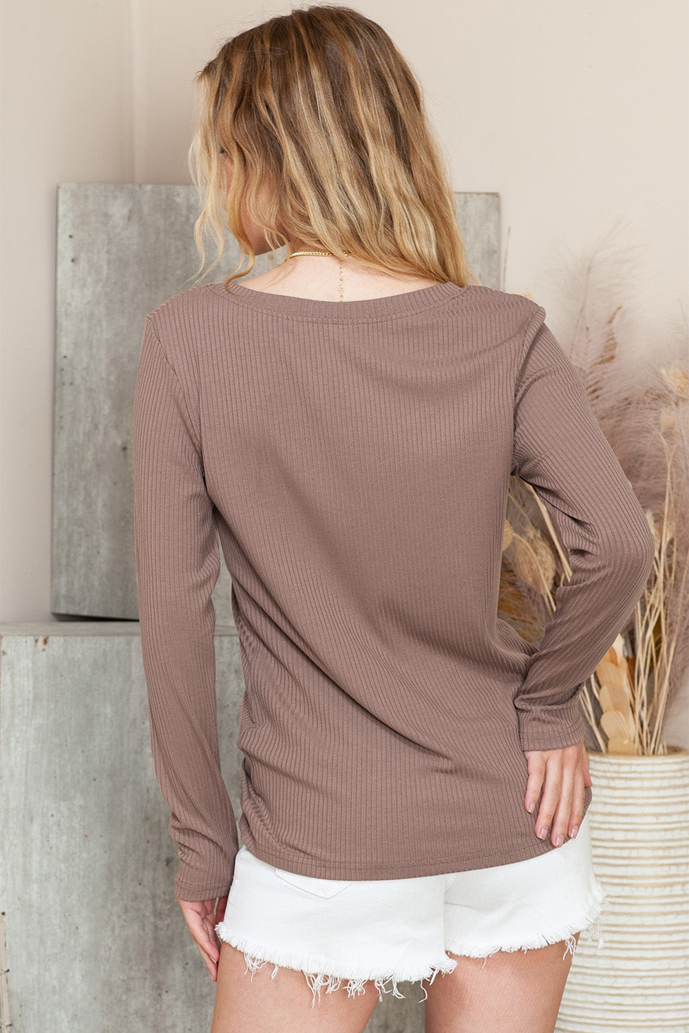 Khaki Ribbed Knit Patched Chest Pocket V Neck Top