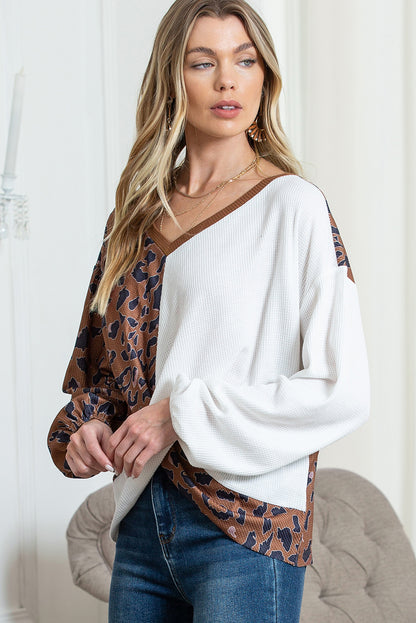 Brown Leopard Patchwork Waffle Knit Top