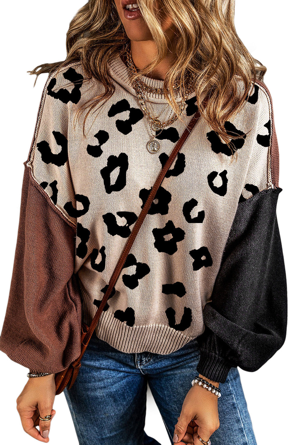 Coffee Leopard Print Patchwork Pullover Sweater