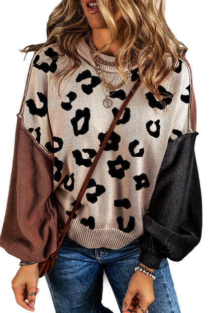 Coffee Leopard Print Patchwork Pullover Sweater