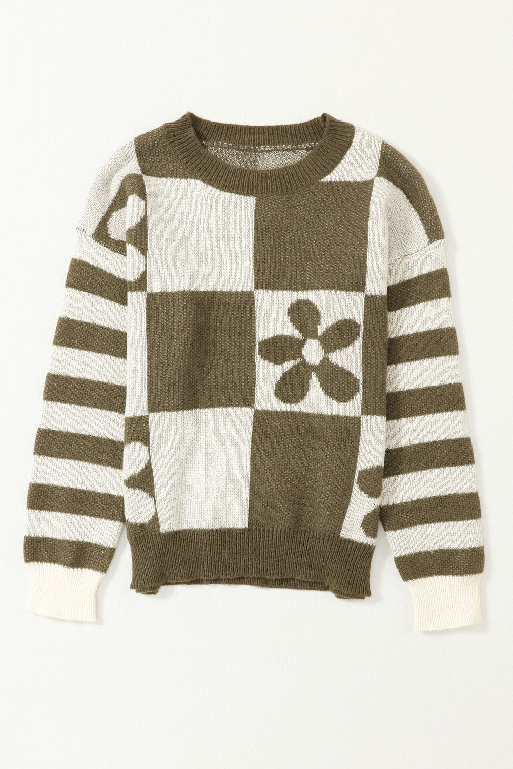 Brown Checkered and Striped Knitted Pullover Sweater