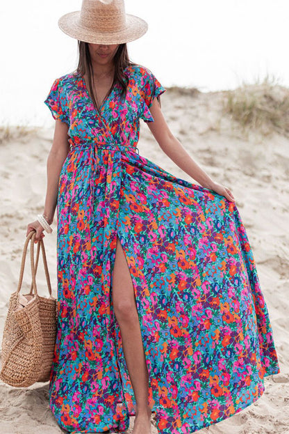 Blue Boho Floral Print V Neck Wrap Split Maxi Dress