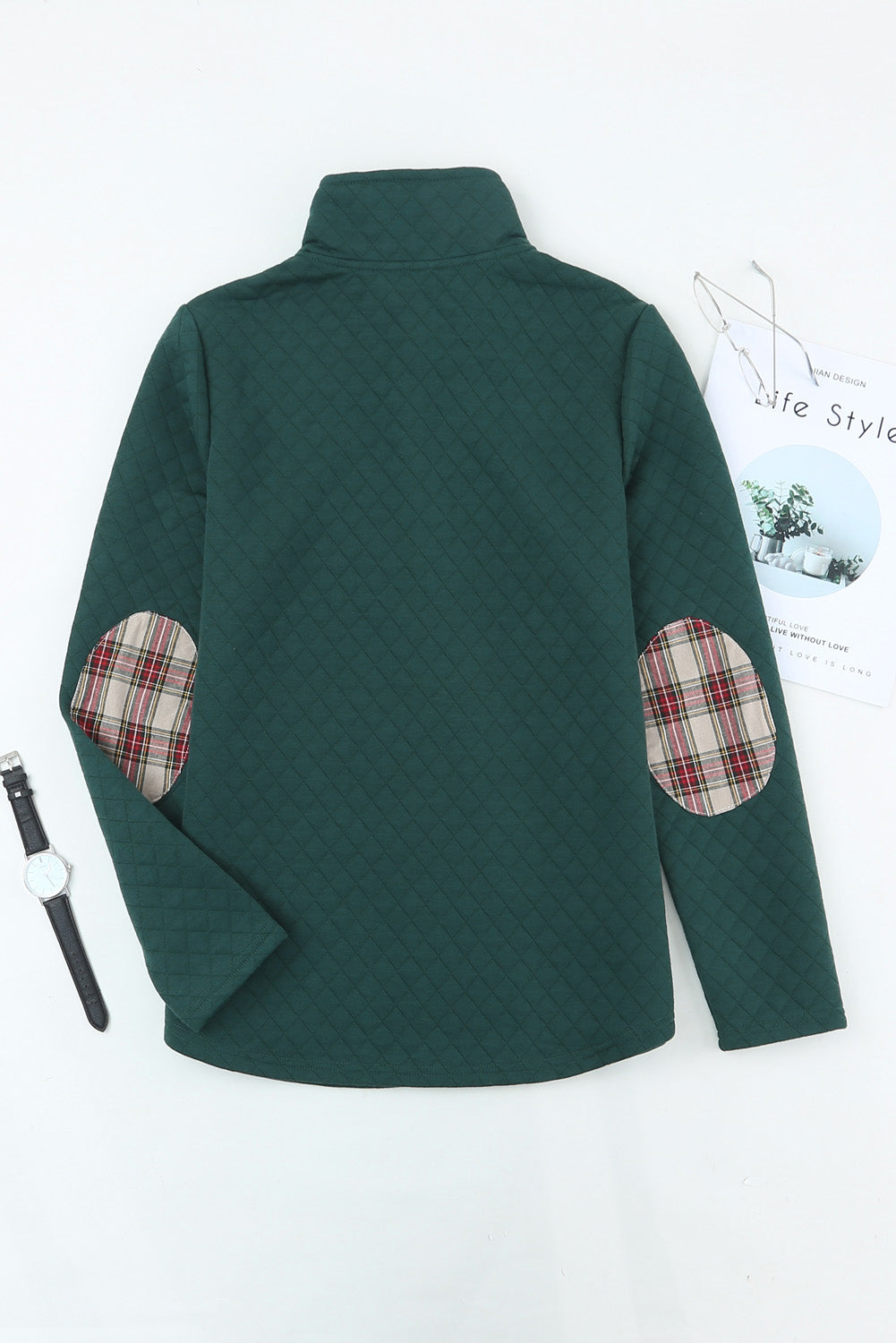 Green Plaid Geometric Texture Trim Buttons Neck Quilted Sweatshirt