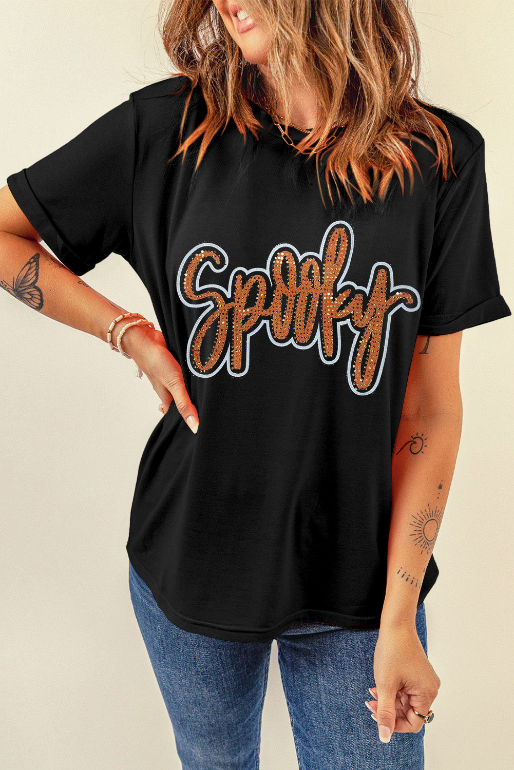 Black Spooky Rhinestone Crew Neck Graphic Tee