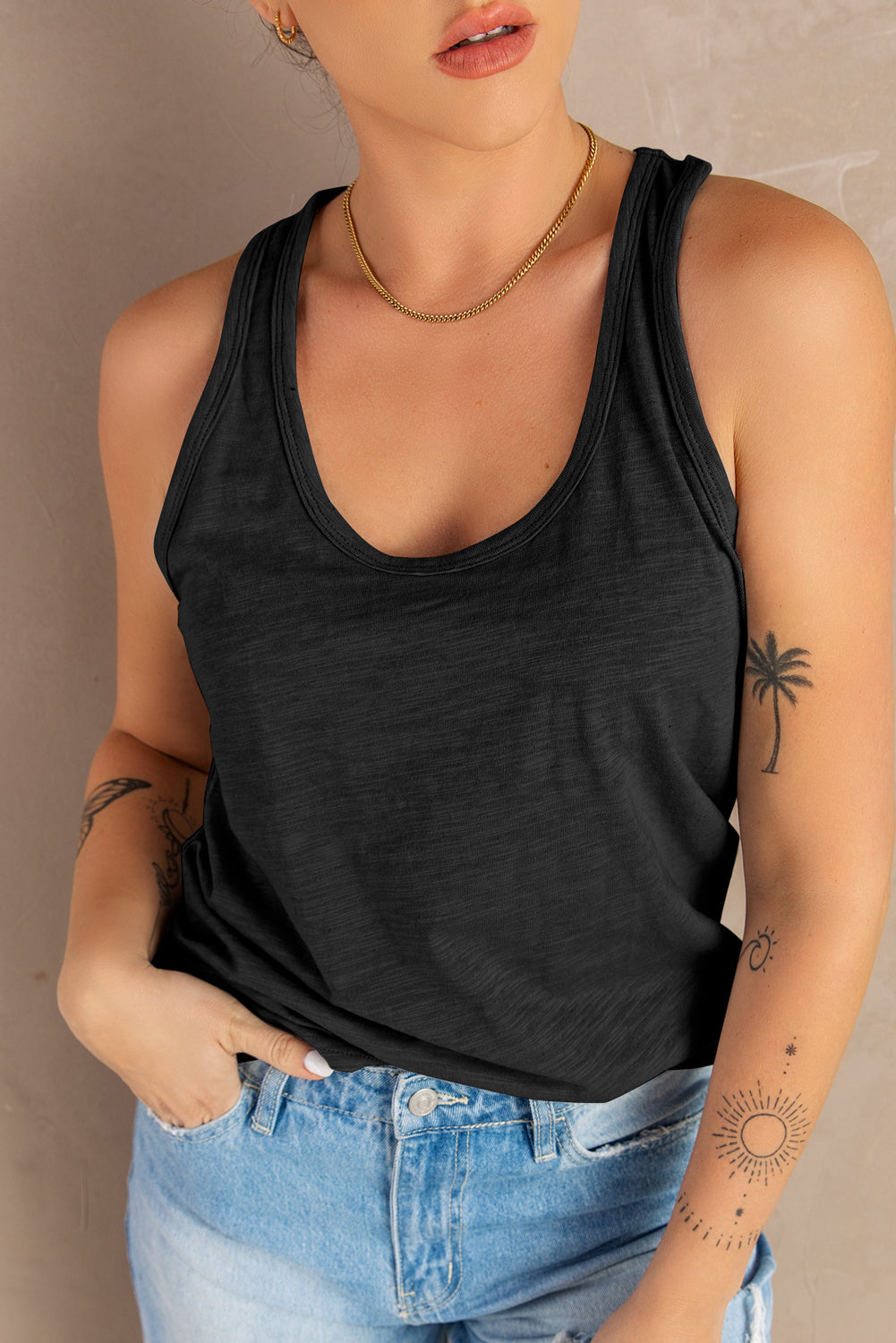 Gray Plain Scoop Neck Basic Solid Tank Top