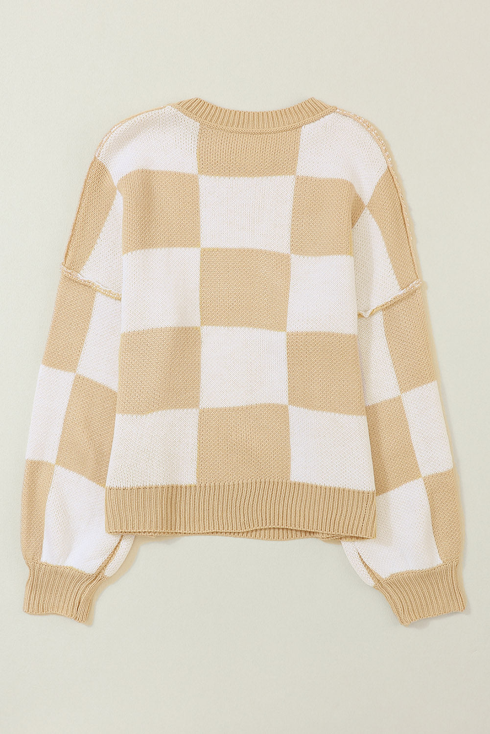 Pink Checked Bishop Sleeve Pullover Sweater