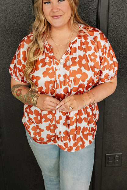 Orange Floral Drawstring Blouse