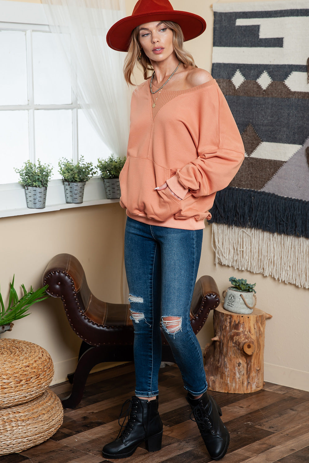 Apricot Basic Kangaroo Pocket Pullover Sweatshirt