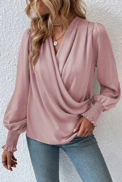 Black Basic Drape V Neck Long Sleeve Women Blouse