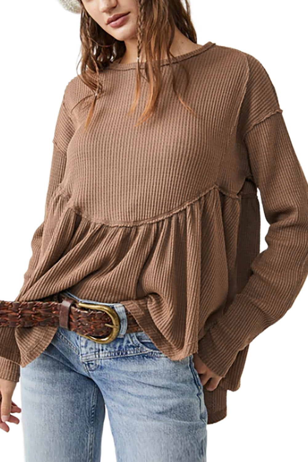 Brown Textured Exposed Seam Pullover Long Sleeve Top