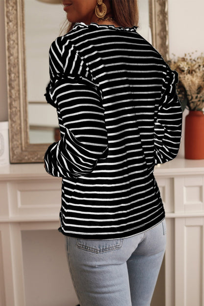 Red Striped Snap Button Frill Neck Long Sleeve Henley Shirt