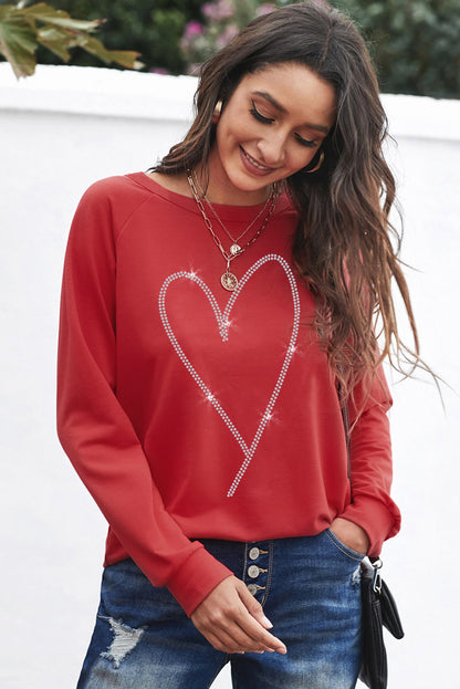 Red Casual Rhinestone Heart Shaped Graphic Sweatshirt