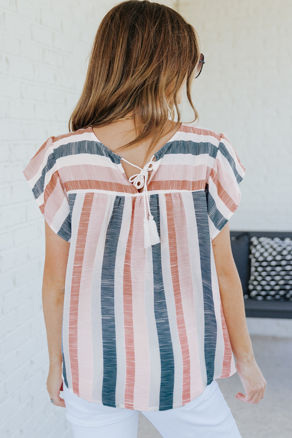 Pink and Blue Stripes Shirt Flutter Sleeve V Neck Blouse