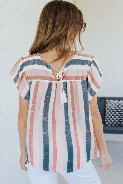 Pink and Blue Stripes Shirt Flutter Sleeve V Neck Blouse