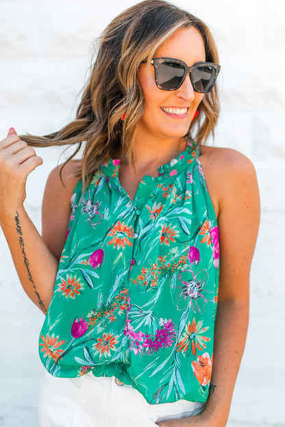 Bright Green Boho Floral Print Button Front Sleeveless Blouse