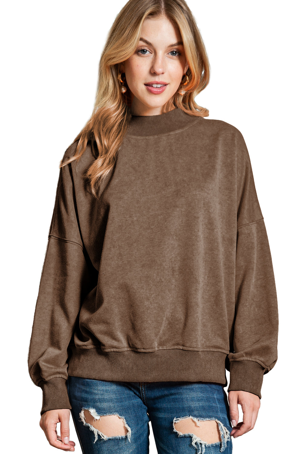 Brown Drop Shoulder Crew Neck Pullover Sweatshirt