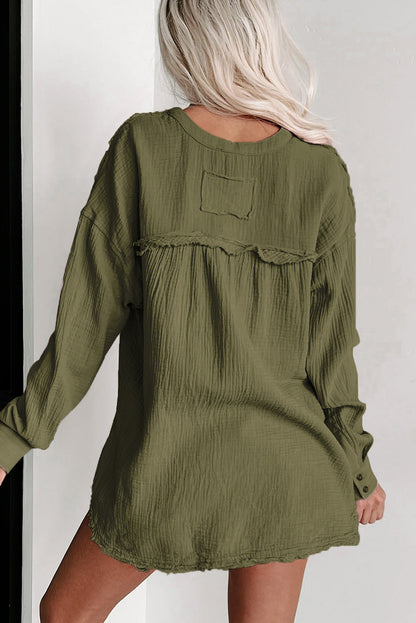 Green Gauze Buttoned V Neck Long Sleeve Shirt with Pockets