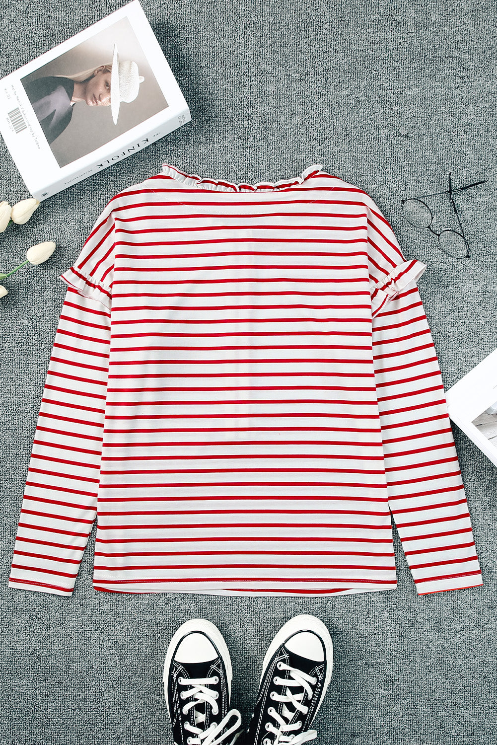 Red Striped Snap Button Frill Neck Long Sleeve Henley Shirt