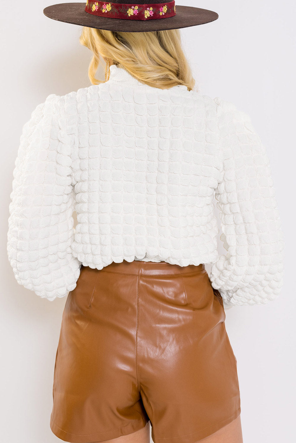 White Textured Smocked Mock Neck Puff Sleeve Blouse