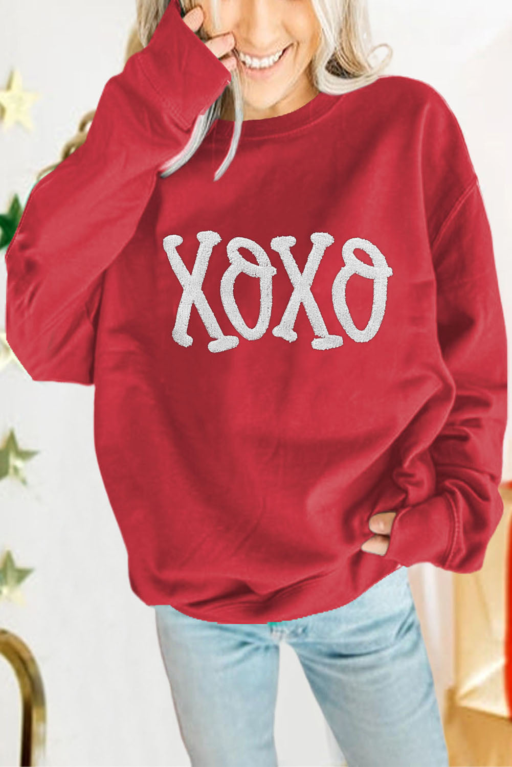 Red XOXO Print Drop Sleeve Pullover Sweatshirt