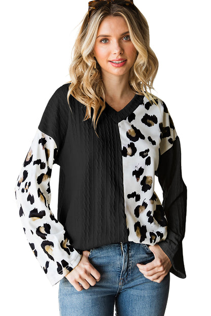 Beige V Neck Leopard Colorblock Patchwork Long Sleeve Top