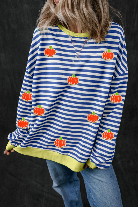 Sky Blue Stripe Glitter Halloween Pumpkin Print Oversized Sweatshirt