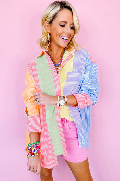 Pink Stripe Color Block Buttoned Oversized Shirt