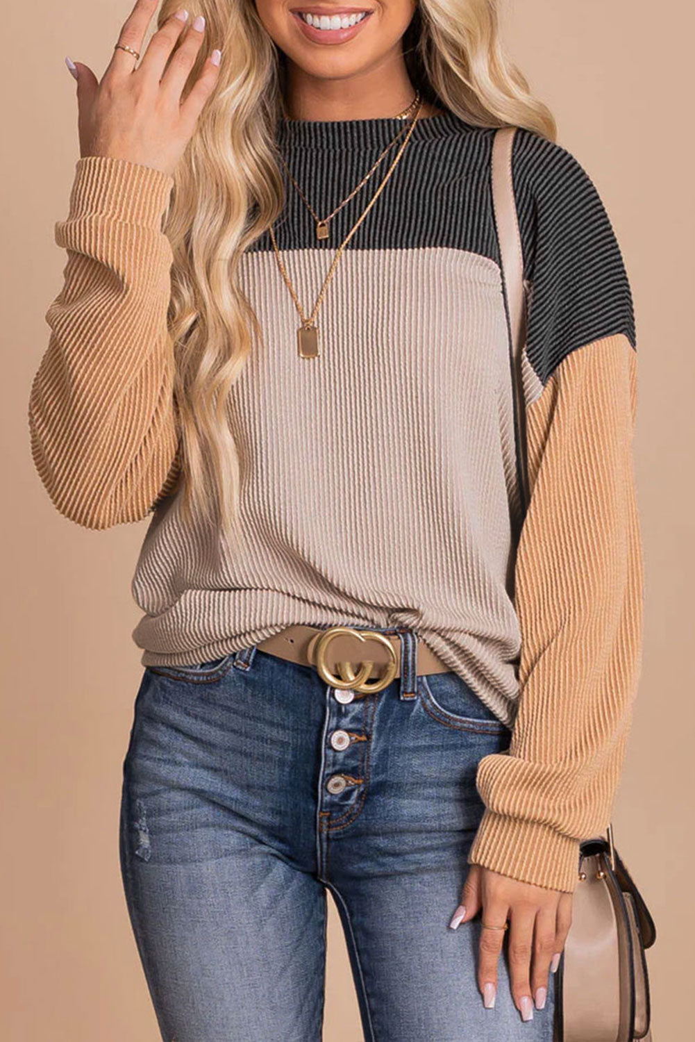 Black Color Block Corduroy Long Sleeve Top