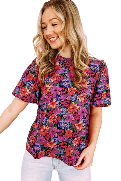 Multicolor Floral Print Round Neck Puff Sleeve Blouse