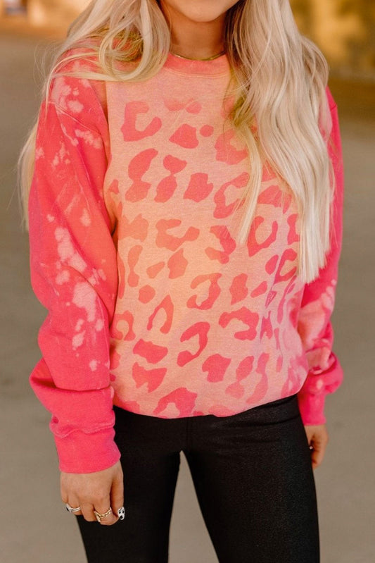 Pink Bleached Cheetah Print Colorblock Sweatshirt