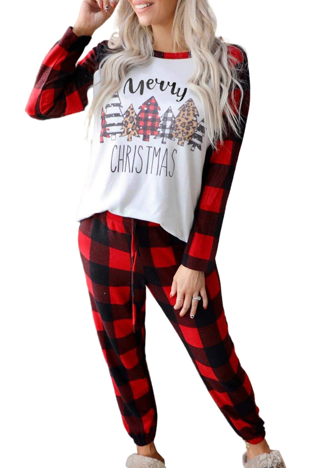 Red Plaid Merry Christmas Casual Top Pants Loungewear Set