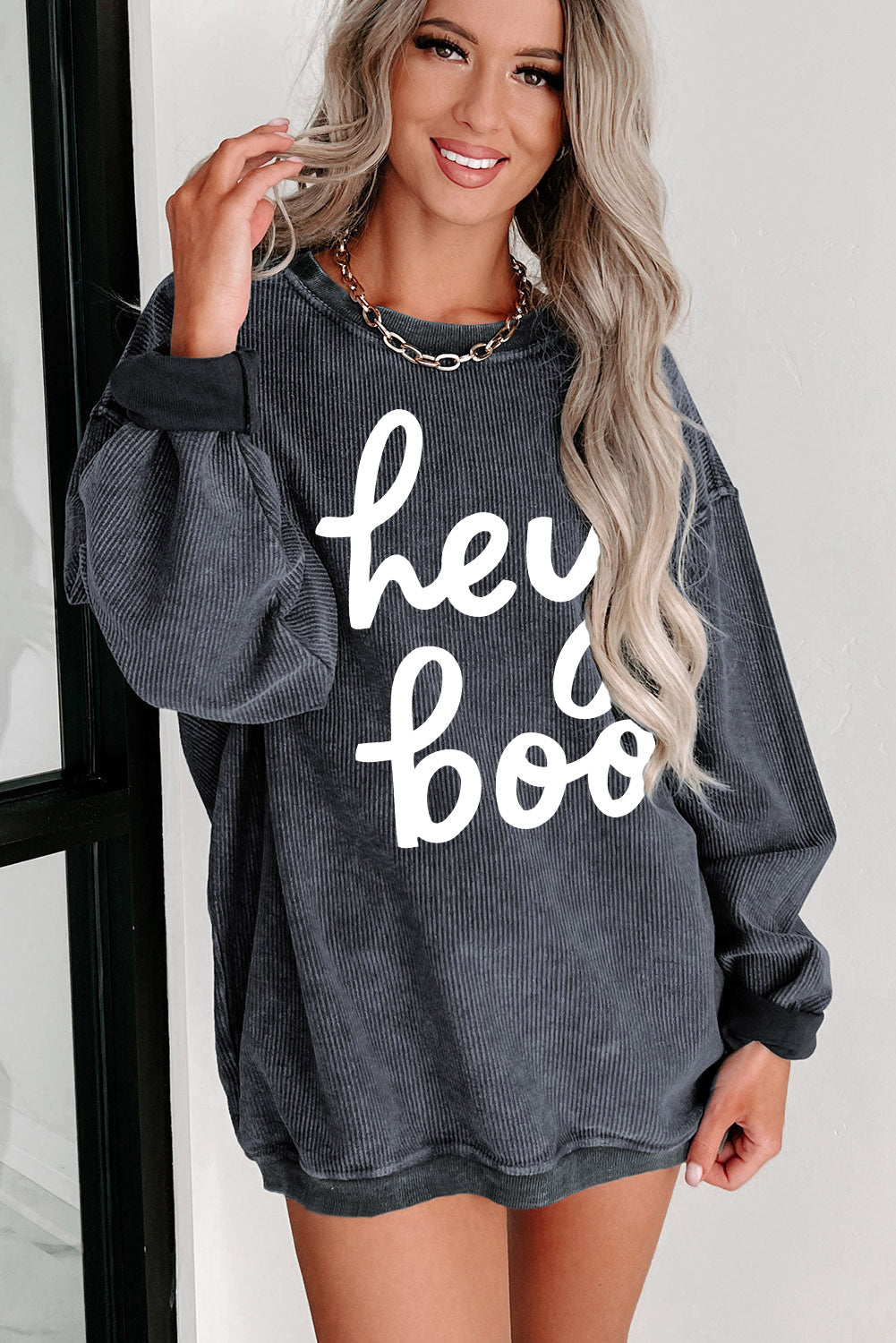 Gray Hey Boo Graphic Corded Halloween Sweatshirt