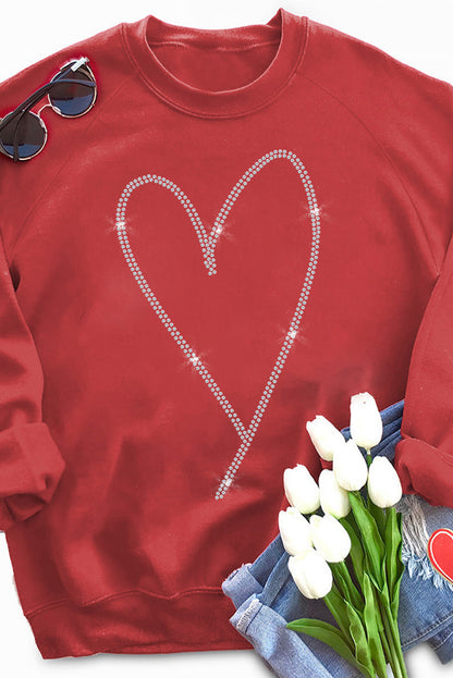 Red Casual Rhinestone Heart Shaped Graphic Sweatshirt