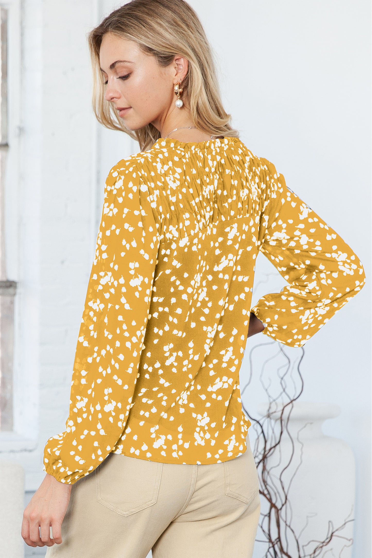 Yellow Frill Split V Neck Boho Crinkled Blouse