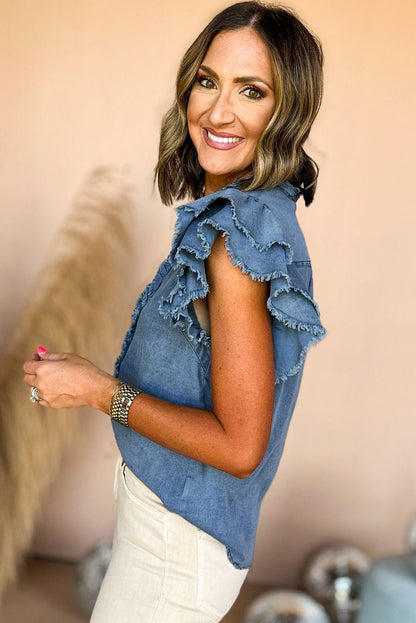 Ashleigh Blue Frayed Denim Top with Ruffled Flutter