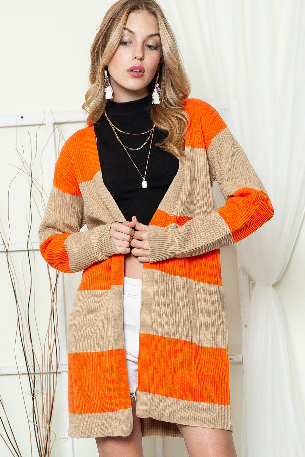 Orange Colorblock Ribbed Knit Open Front Cardigan