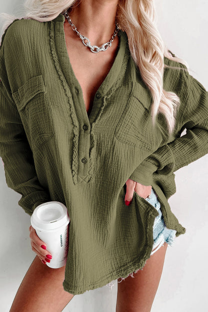 Green Gauze Buttoned V Neck Long Sleeve Shirt with Pockets