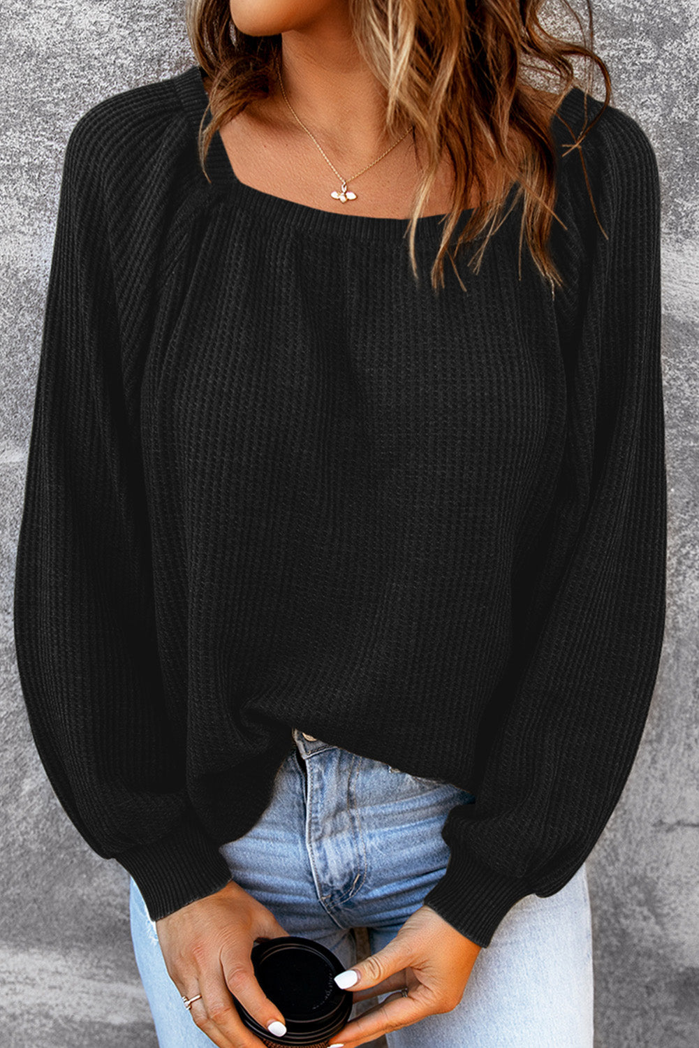 Green Plain Waffle Knit Bishop Sleeve Square Neck Top