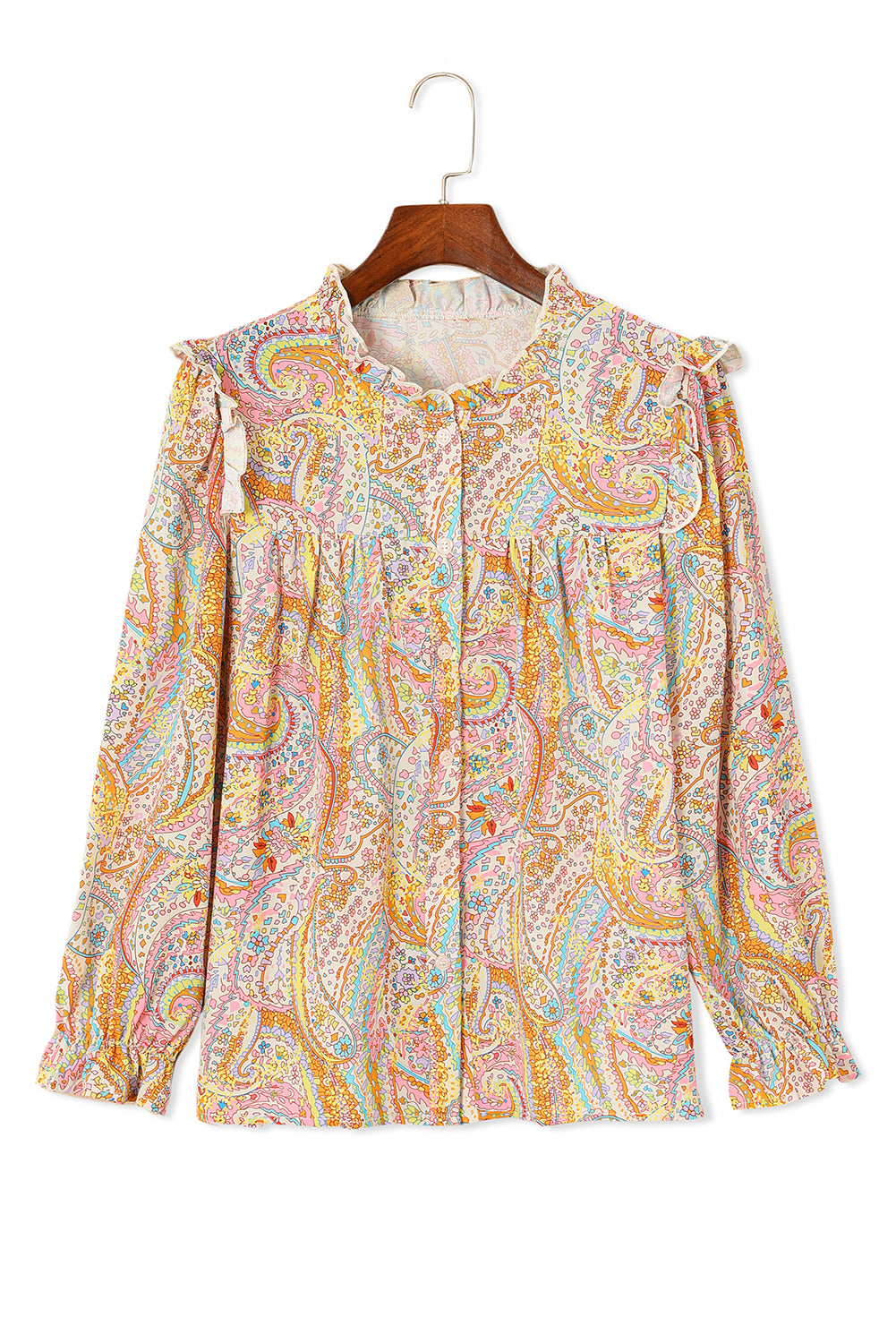 Yellow Paisley Print Ruffled Trim Button Up Boho Blouse