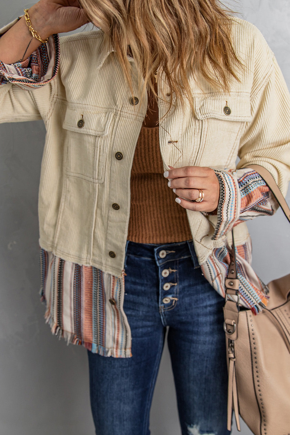 Beige Button Up Pockets Striped Color Block Corduroy Jacket