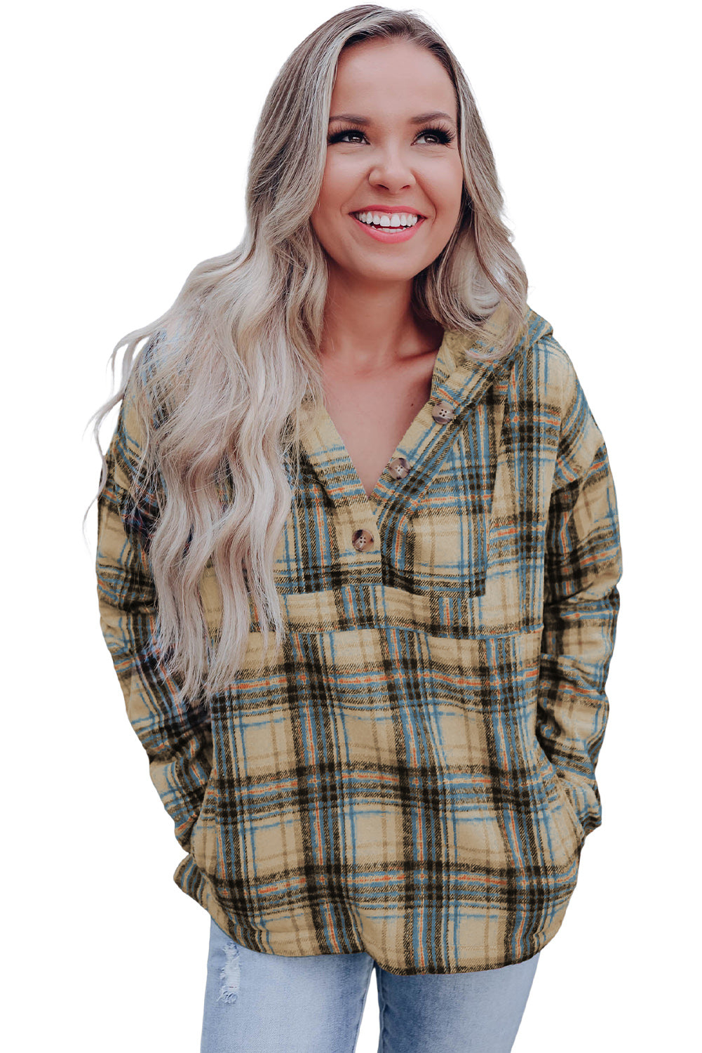 Khaki Plaid Button Neck Pocketed Pullover Hoodie