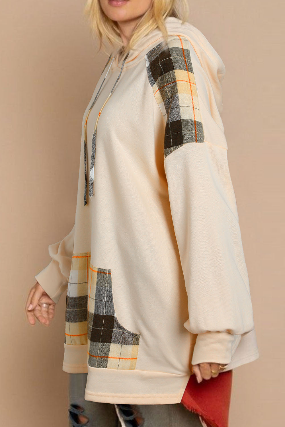 Khaki Plaid Patchwork Kangaroo Pocket Oversized Hoodie