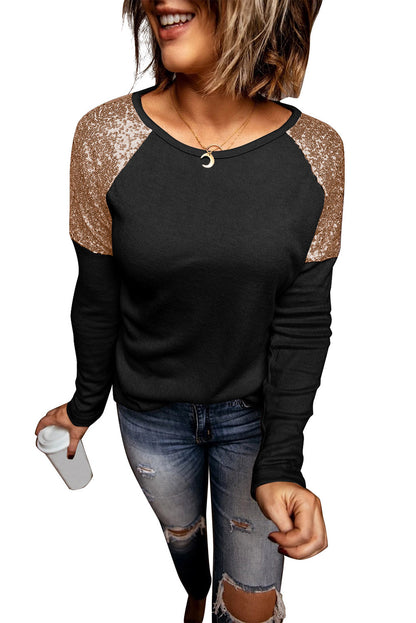 Black and Gold Sequin Raglan Sleeve Pullover