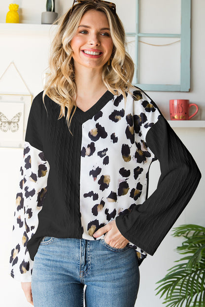 Beige V Neck Leopard Colorblock Patchwork Long Sleeve Top