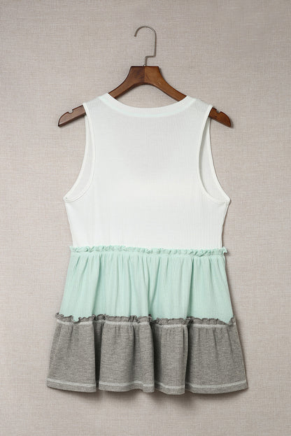 Colorblock Tiered Ruffle Babydoll V Neck Sleeveless Shirt