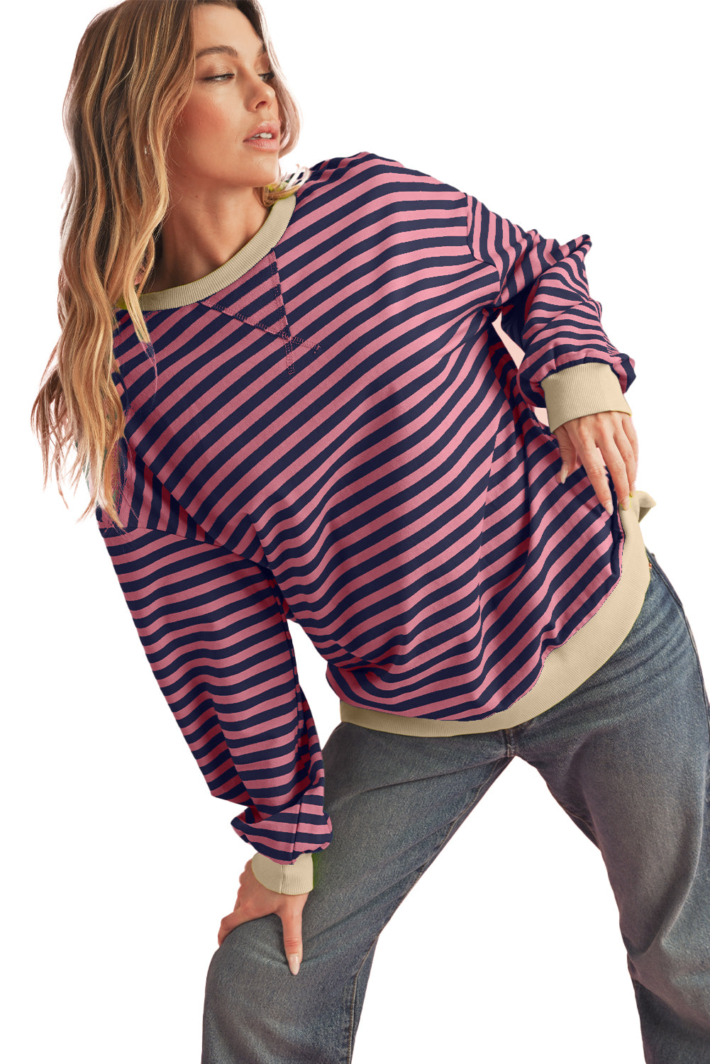 Sky Blue Stripe Contrast Edge Oversized Pullover