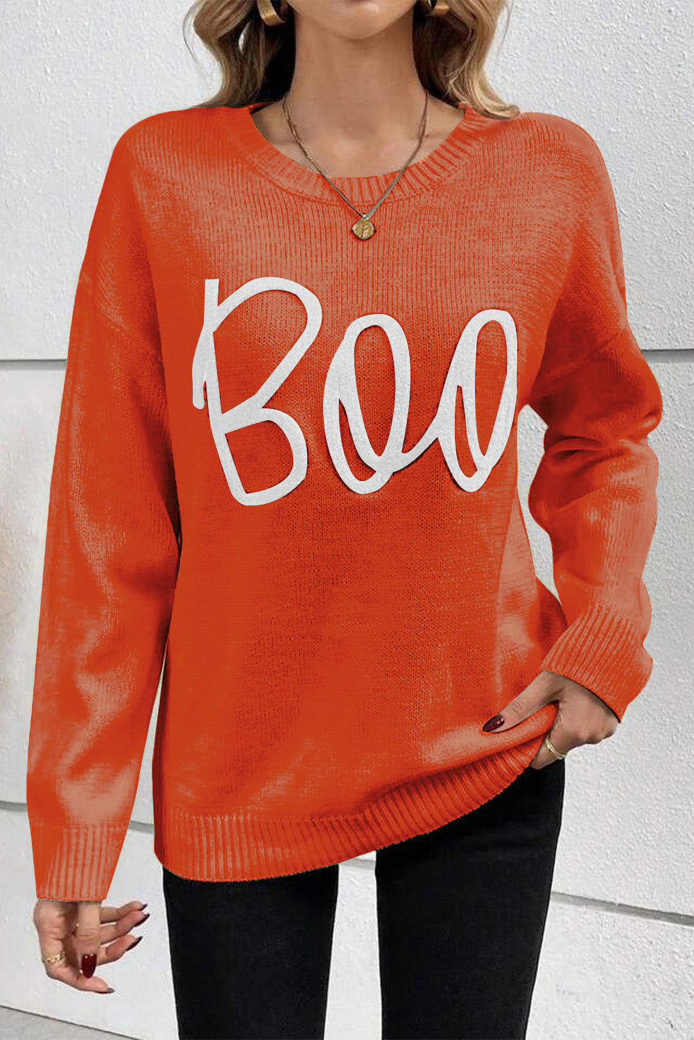 Orange Halloween Boo Drop Shoulder Knit Sweater