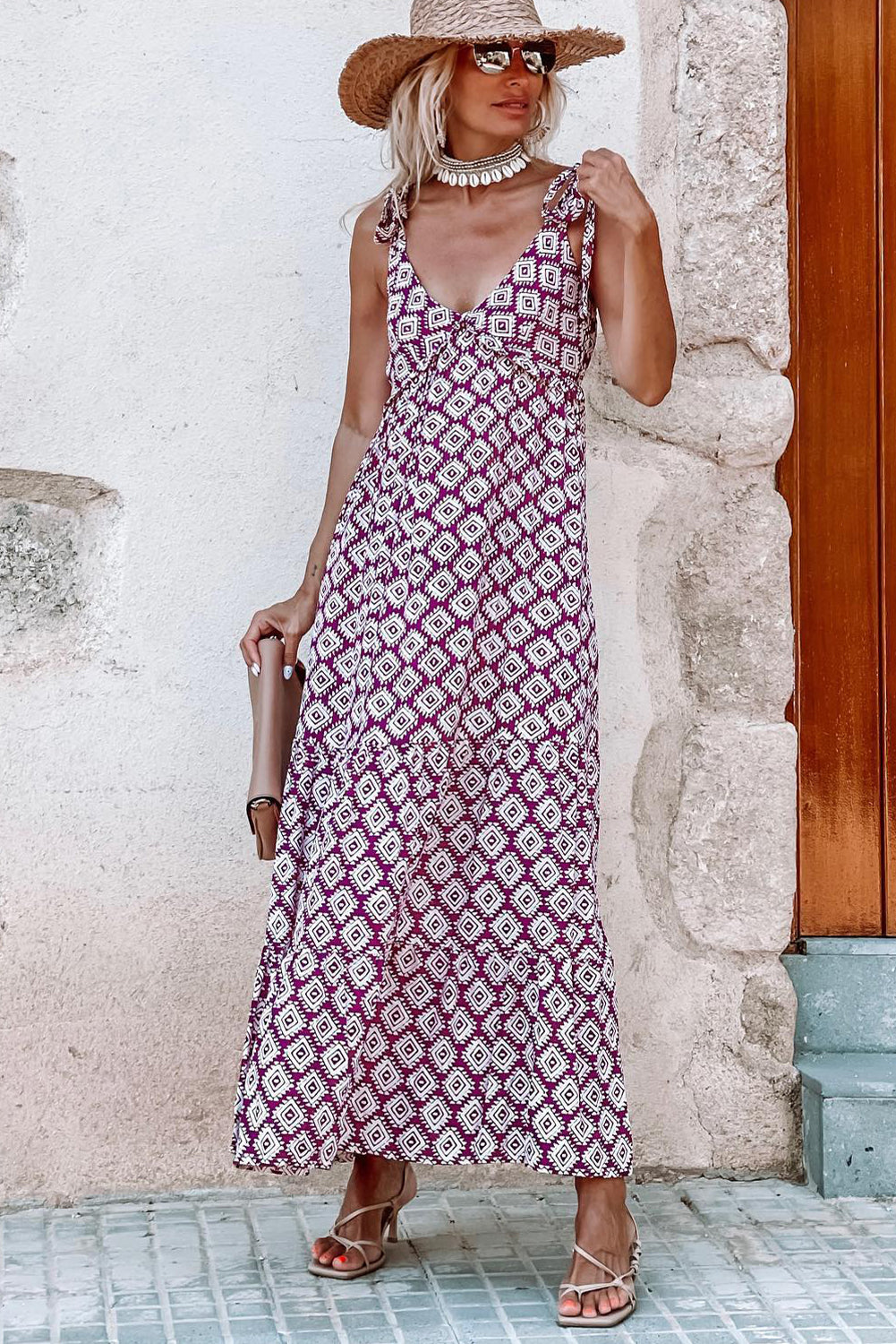 Purple Geometric Print Knotted Straps V Neck Vacation Dress